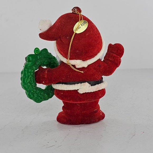 Vintage Flocked Santa Claus Holding Wreath Ornament Christmas Hong Kong - Picture 5 of 9